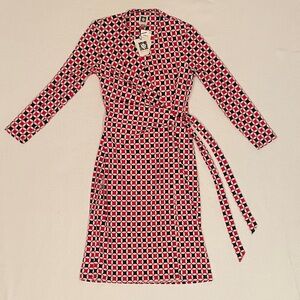 Anne Klein Red, Black & White Geometric Wrap Dress - Long Sleeve